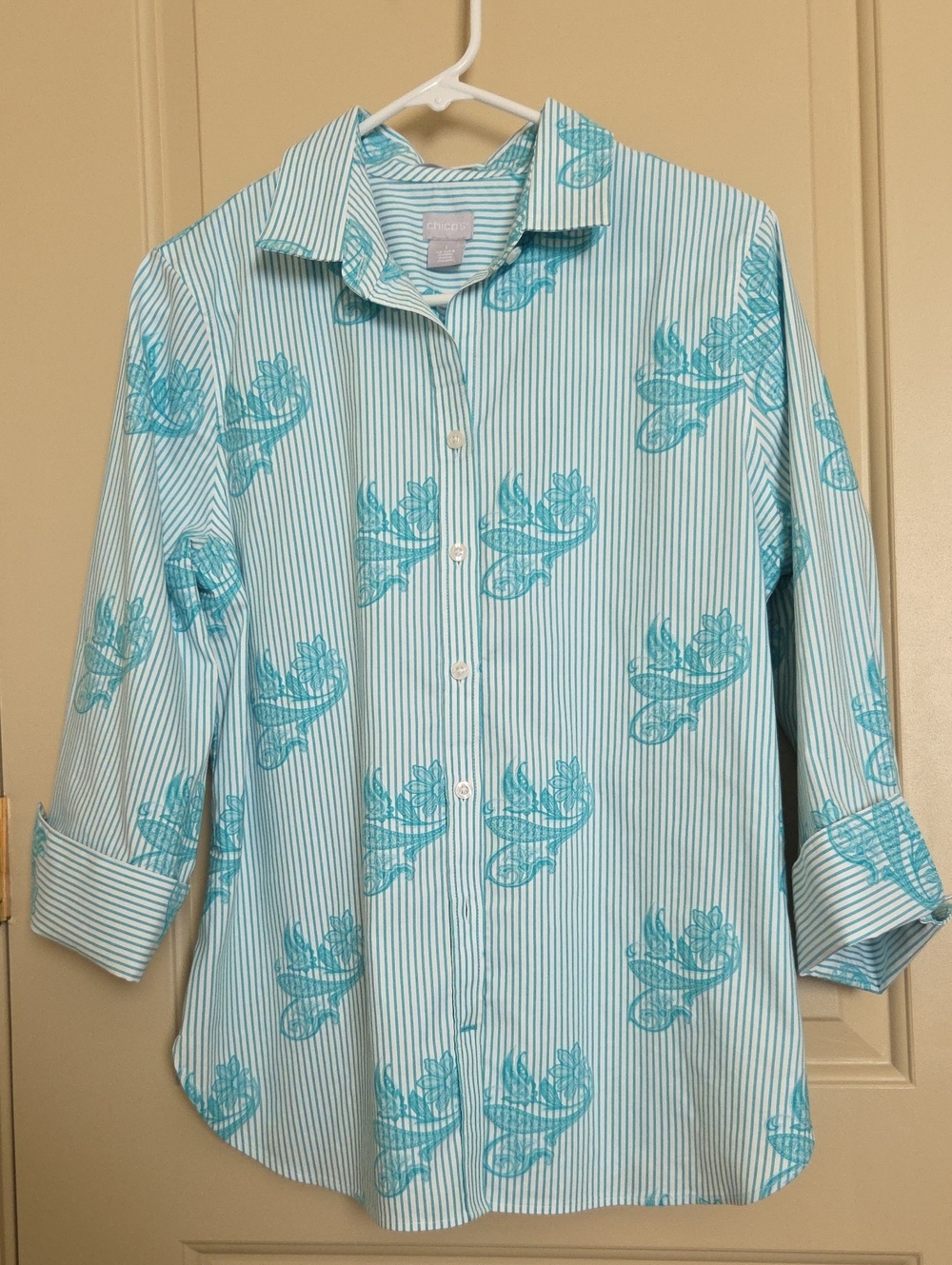Chico's Light Aqua Striped Button-Down with Teal Floral Print